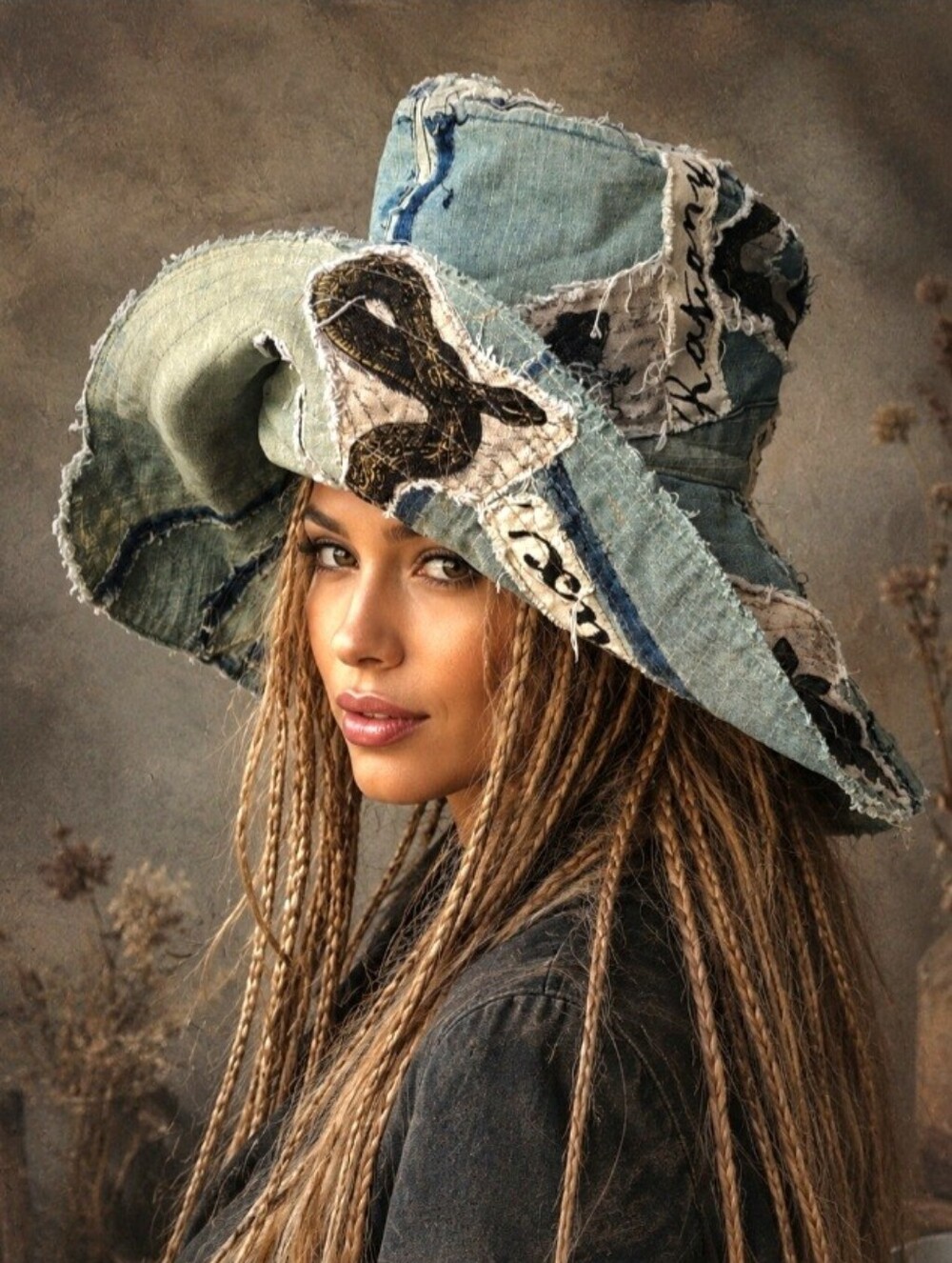 Avant-Garde Top Hat Wide Side Upcycled Denim Raw Cut Snake Print Patched